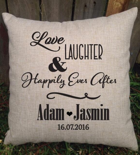 Personalized Wedding Pillow, Love Laughter Happily Ever After, Custom Cotton Anniversary Gift - image 1