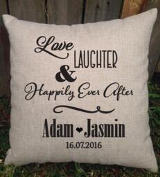 Personalized Wedding Pillow, Love Laughter Happily Ever After, Custom Cotton Anniversary Gift