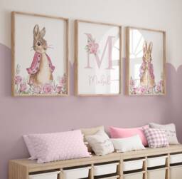 Peter Rabbit Prints, Girl Nursery Prints, Nursery Wall Decor, Pink, Floral, Baby Girl, Flopsy Rabbit, Personalised, New Baby Gift, Bedroom, Wall Art - thumbnail 1