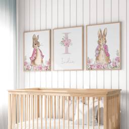 Peter Rabbit Prints, Girl Nursery Prints, Nursery Wall Decor, Pink, Floral, Baby Girl, Flopsy Rabbit, Personalised, New Baby Gift, Bedroom, Wall Art - thumbnail 2