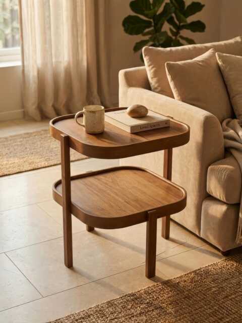 Wood Side Table With Shelf, Oak Or Walnut Bedside - image 1