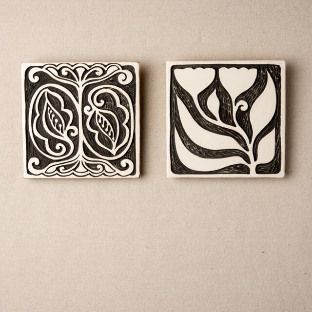Handmade Ceramic Wall Art - 8 Inch Gemini Floral Bw - Made To Order - image 1