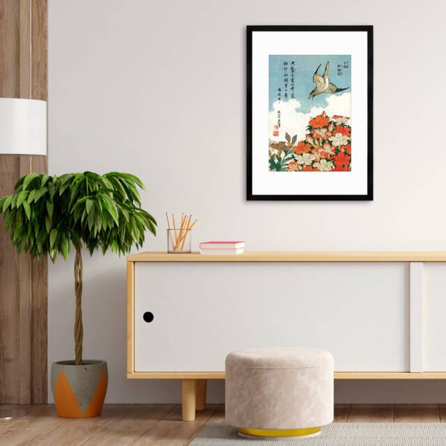 Japanese Art Framed Mounted Ukiyo-E Wall Decor Print Poster Woodblock Hokusai Flower Floral Azalea Cuckoo Bird Calligraphy Beautiful Haiku - image 1