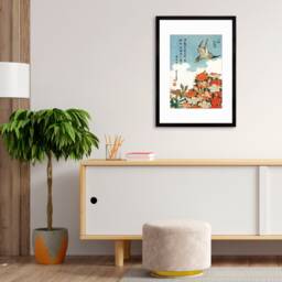 Japanese Art Framed Mounted Ukiyo-E Wall Decor Print Poster Woodblock Hokusai Flower Floral Azalea Cuckoo Bird Calligraphy Beautiful Haiku - thumbnail 1
