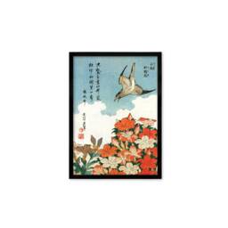 Japanese Art Framed Mounted Ukiyo-E Wall Decor Print Poster Woodblock Hokusai Flower Floral Azalea Cuckoo Bird Calligraphy Beautiful Haiku - thumbnail 2