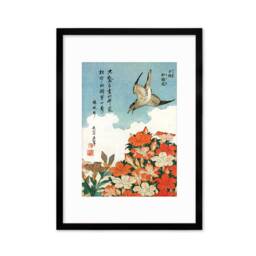 Japanese Art Framed Mounted Ukiyo-E Wall Decor Print Poster Woodblock Hokusai Flower Floral Azalea Cuckoo Bird Calligraphy Beautiful Haiku - thumbnail 3