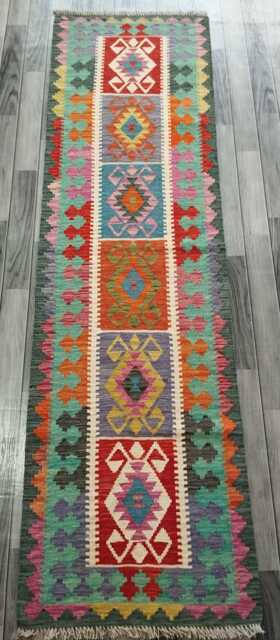 Handmade Tribal Wool Runner, Multicolour Artisan Afghan Turkish Persian Qashqai Moroccan Navajo Flatweave Kilim Rug 249x69 cm - image 1