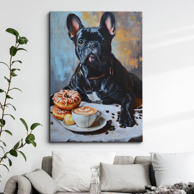 French Bulldog Coffee Doughnut Dog Painting Framed Poster Print Or Canvas Wall Decor Art Bedroom Home Interior Gift For Pet Lover - image 1