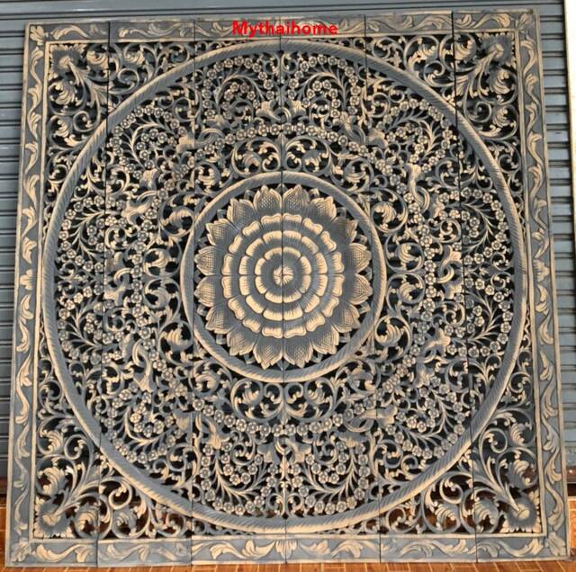 Large Teak Rustic Wood King Size Bed Bohemian Headboard Lotus Flower Mandala Wooden Hand Craved Carving Wall Art Panel Home Decor Thailand - image 1