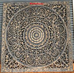 Large Teak Rustic Wood King Size Bed Bohemian Headboard Lotus Flower Mandala Wooden Hand Craved Carving Wall Art Panel Home Decor Thailand