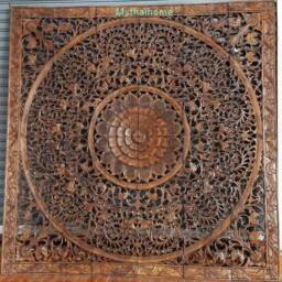 Large Teak Rustic Wood King Size Bed Bohemian Headboard Lotus Flower Mandala Wooden Hand Craved Carving Wall Art Panel Home Decor Thailand - thumbnail 4
