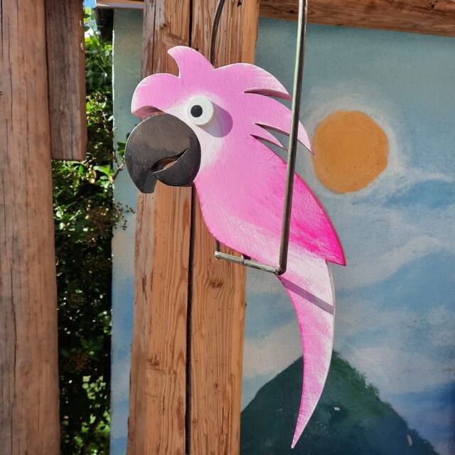 Pink Parrot in A Swing, Hand-Painted Wood For Decoration The House & Garden, Gift Idea Hanging, Conservatory, Terrace - image 1