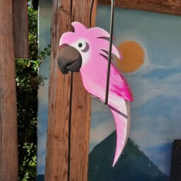 Pink Parrot in A Swing, Hand-Painted Wood For Decoration The House & Garden, Gift Idea Hanging, Conservatory, Terrace - thumbnail 2