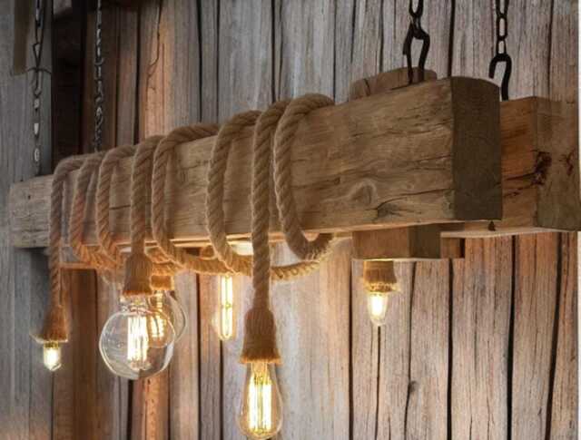 Rustic Beam Light Made From Reclaimed Wooden Double With 6 Hanging Rope Edison Pendant Holders Waxed in Oak Country Farmhouse Style - image 1