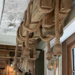 Rustic Beam Light Made From Reclaimed Wooden Double With 6 Hanging Rope Edison Pendant Holders Waxed in Oak Country Farmhouse Style - thumbnail 3