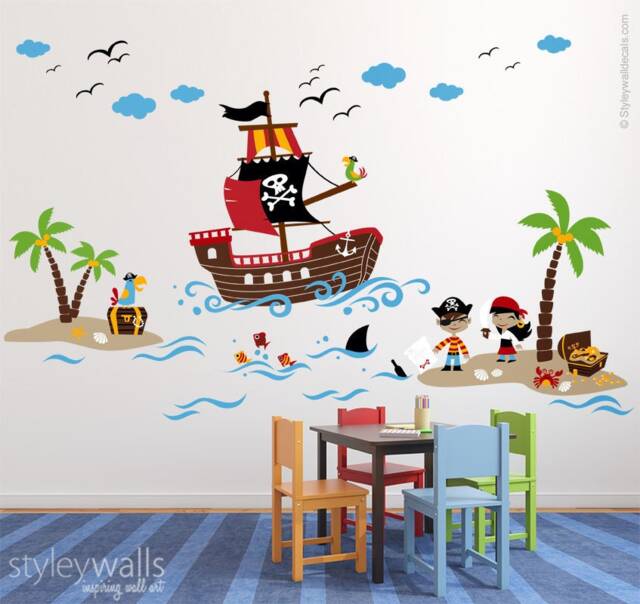 Pirates Wall Decal, Treasure Island Playroom Decals, Sticker, Nursery Baby Room Decor, Pirate Ship Decal - image 1