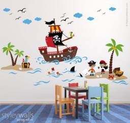 Pirates Wall Decal, Treasure Island Playroom Decals, Sticker, Nursery Baby Room Decor, Pirate Ship Decal