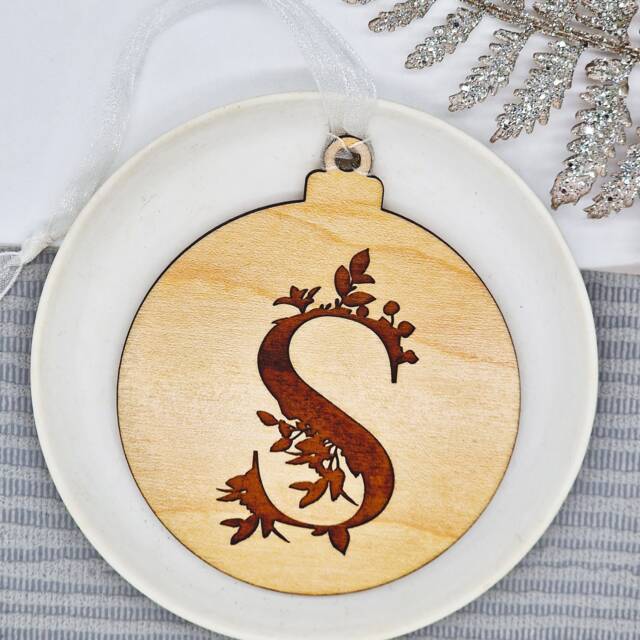 Personalised Botanical Wooden Initial Bauble, Minimalist Tree Decoration, Hanging Decoration, Name Bauble - image 1