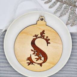 Personalised Botanical Wooden Initial Bauble, Minimalist Tree Decoration, Hanging Decoration, Name Bauble