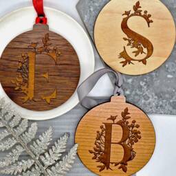 Personalised Botanical Wooden Initial Bauble, Minimalist Tree Decoration, Hanging Decoration, Name Bauble - thumbnail 2