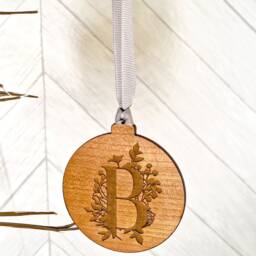 Personalised Botanical Wooden Initial Bauble, Minimalist Tree Decoration, Hanging Decoration, Name Bauble - thumbnail 4