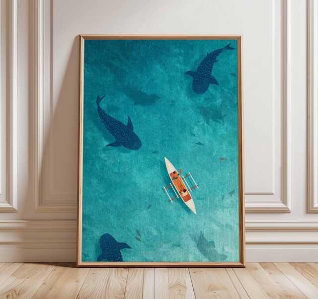 Ocean Wall Art, Whale Shark Poster, Kayak Adventure Print, Tropical Sea Illustration, Coastal Beach Decor, Nautical Artwork, Gift - image 1