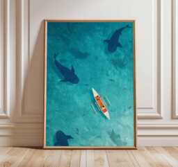 Ocean Wall Art, Whale Shark Poster, Kayak Adventure Print, Tropical Sea Illustration, Coastal Beach Decor, Nautical Artwork, Gift - thumbnail 1