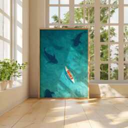 Ocean Wall Art, Whale Shark Poster, Kayak Adventure Print, Tropical Sea Illustration, Coastal Beach Decor, Nautical Artwork, Gift - thumbnail 3