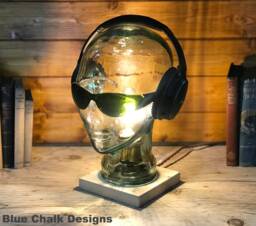 Mannequin Head Glass Table/Desk Lamp, Choice Of Wood Finish, Edison, Retro, Steampunk, Halloween, Funky, Headphone Glasses Storage - thumbnail 1