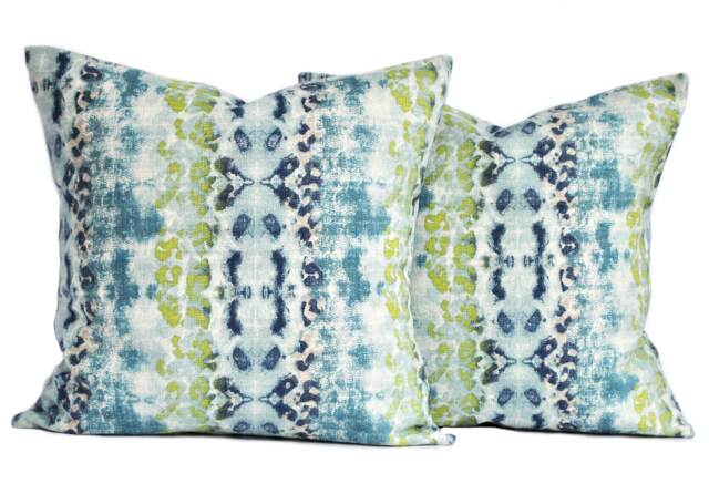 Two High Quality Ikat Pillow Covers, Navy Pillow, Cushion, Decorative Throw Lime Green Turquoise Pillow - image 1