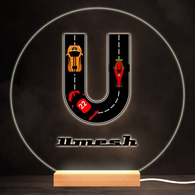 Road Racing Cars Letter U Colourful Round Personalised Gift Led Lamp Night Light - Bedroom - image 1