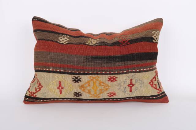 Handmade Turkish Kilim Lumbar Pillow Cover Wool Cushion - 16x24 - image 1