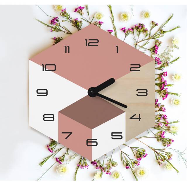 Geometric Hexagon Wall Clock Modern Dusty Rose Wood Art - image 1