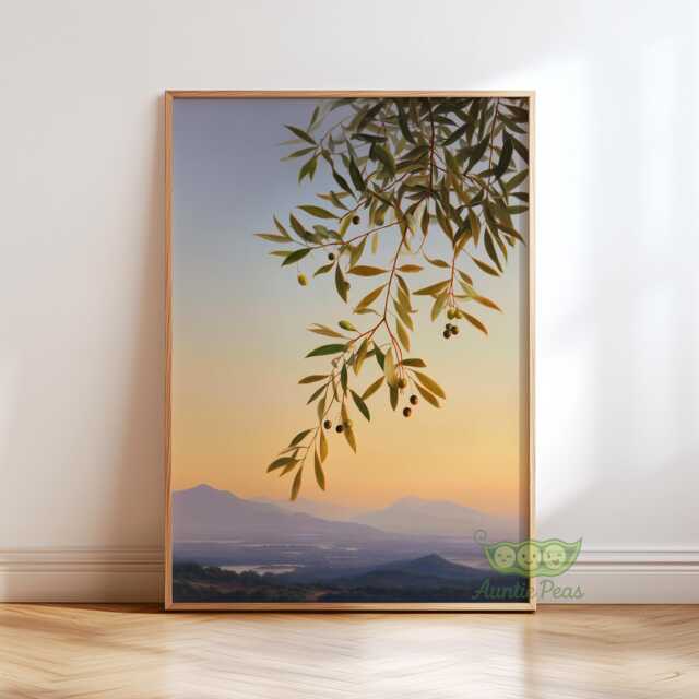 Mediterranean Olive Branch Wall Art, Italian Poster, Country Kitchen Decor, Rustic Botanical Print, Warm Countryside Landscape Art - image 1