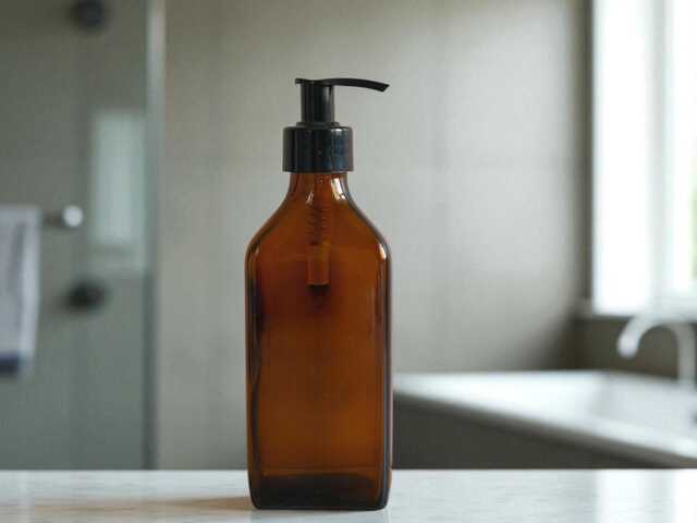 Refillable Brown Glass Soap Dispenser Bottles - Flat Rectangular Shape Black Lock Up Pump On Trend Bathroom/Home Accessory Sold Empty