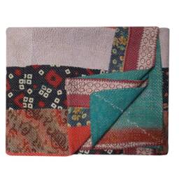 Vintage Handmade Kantha Quilt Reversible Sari Blanket, Patchwork Ralli - 80x65 Inches - thumbnail 3