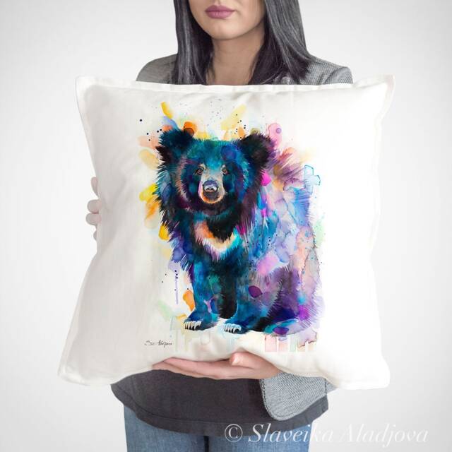 Sloth Bear Throw Pillow Cover By Slaveika Aladjova, Cushion Cover, Decorative Pillow Cover, Animal Art, Watercolor Pillow, Gift - image 1
