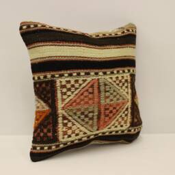 Turkish Kilim Pillow Cover, Vintage Wool Boho Throw - 12x12 Inches - thumbnail 2