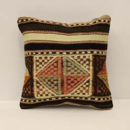 Turkish Kilim Pillow Cover, Vintage Wool Boho Throw - 12x12 Inches - thumbnail 1