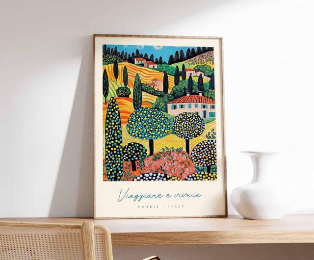 Umbria Italy Art Print Colorful Italian Landscape Travel Poster - image 1