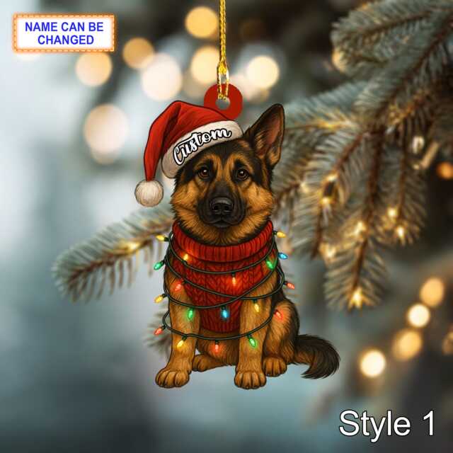 Custom Name Sitting German Shepherd Dog With Santa Hat & Christmas Lights Ornament, Festive Tree Hanging Decor, Flat 2D Ornament - image 1
