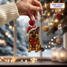 Custom Name Sitting German Shepherd Dog With Santa Hat & Christmas Lights Ornament, Festive Tree Hanging Decor, Flat 2D Ornament - thumbnail 2