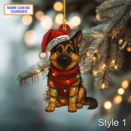 Custom Name Sitting German Shepherd Dog With Santa Hat & Christmas Lights Ornament, Festive Tree Hanging Decor, Flat 2D Ornament