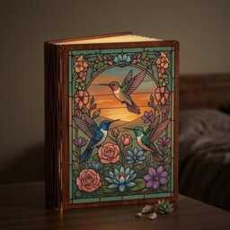 Hummingbirds Sunset Book Lamp, Floral Light Night, Flying Reading Nature Lover Decor - thumbnail 3