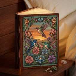 Hummingbirds Sunset Book Lamp, Floral Light Night, Flying Reading Nature Lover Decor - thumbnail 1