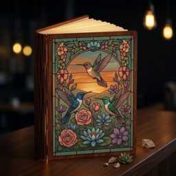 Hummingbirds Sunset Book Lamp, Floral Light Night, Flying Reading Nature Lover Decor - thumbnail 2
