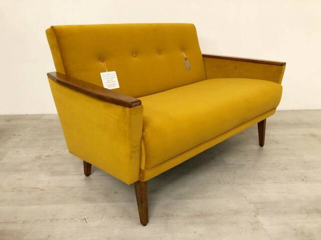Danish Vintage Teak Inspired Model 55 Mid Century 50S 2 Seat Lounge Sofa Settee in Saffron Velvet - image 1