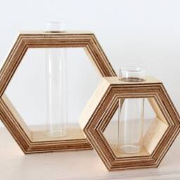 Hexagon Shaped Planter Made Out Of Wood With Glass Tube - For Flowers Or As Propagation Station Plants Wall Decor Flower Vase - thumbnail 2