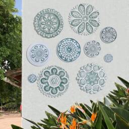 Handmade Ceramic Circle Wall Art Suzani Aqua Boho Decor - Set Of 10
