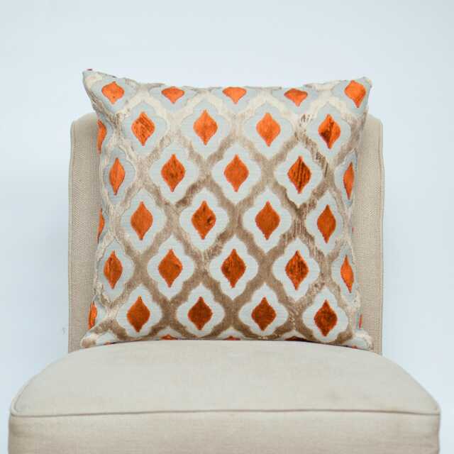 Aphrodite 3D Cut Velvet Cushion. Burnt Orange & Silver Grey. Classic Diamond Trellis Design. 17x17 - image 1